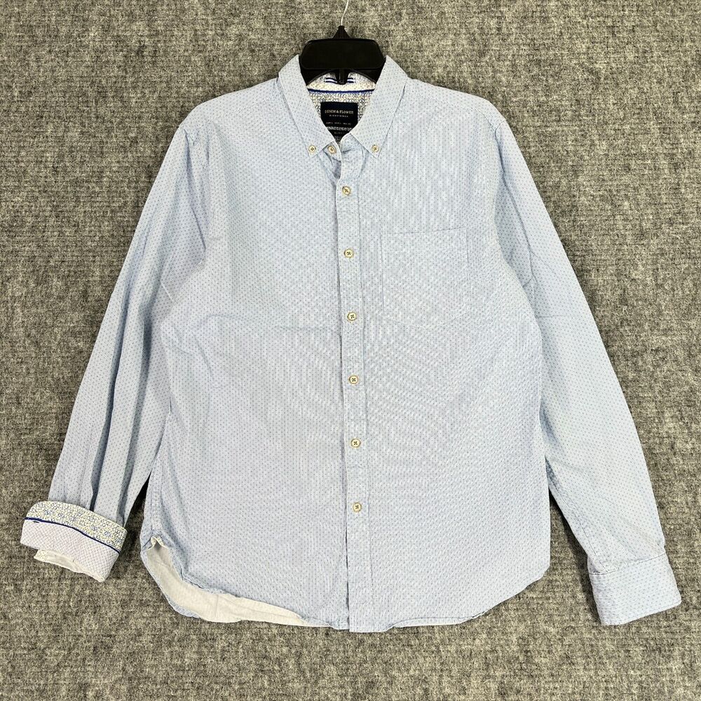 Denim Flower Shirt Mens Large Blue Ricky Singh Slim Fit Party Club Business Long